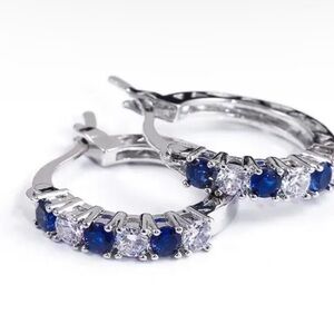 **Sapphire Gemstone Huggie Hoop Earring, Blue & White CZ Stone Wedding Earring